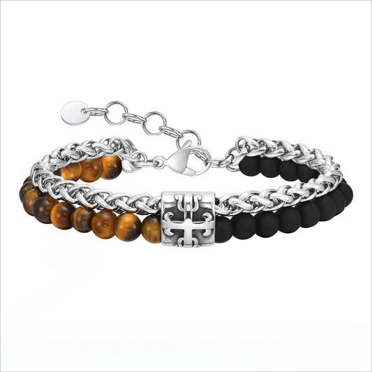 Kemstone Stainless Steel Double Layer Cross Beaded Bracelet for Men – Tiger Eye & Black Agate BR-1902