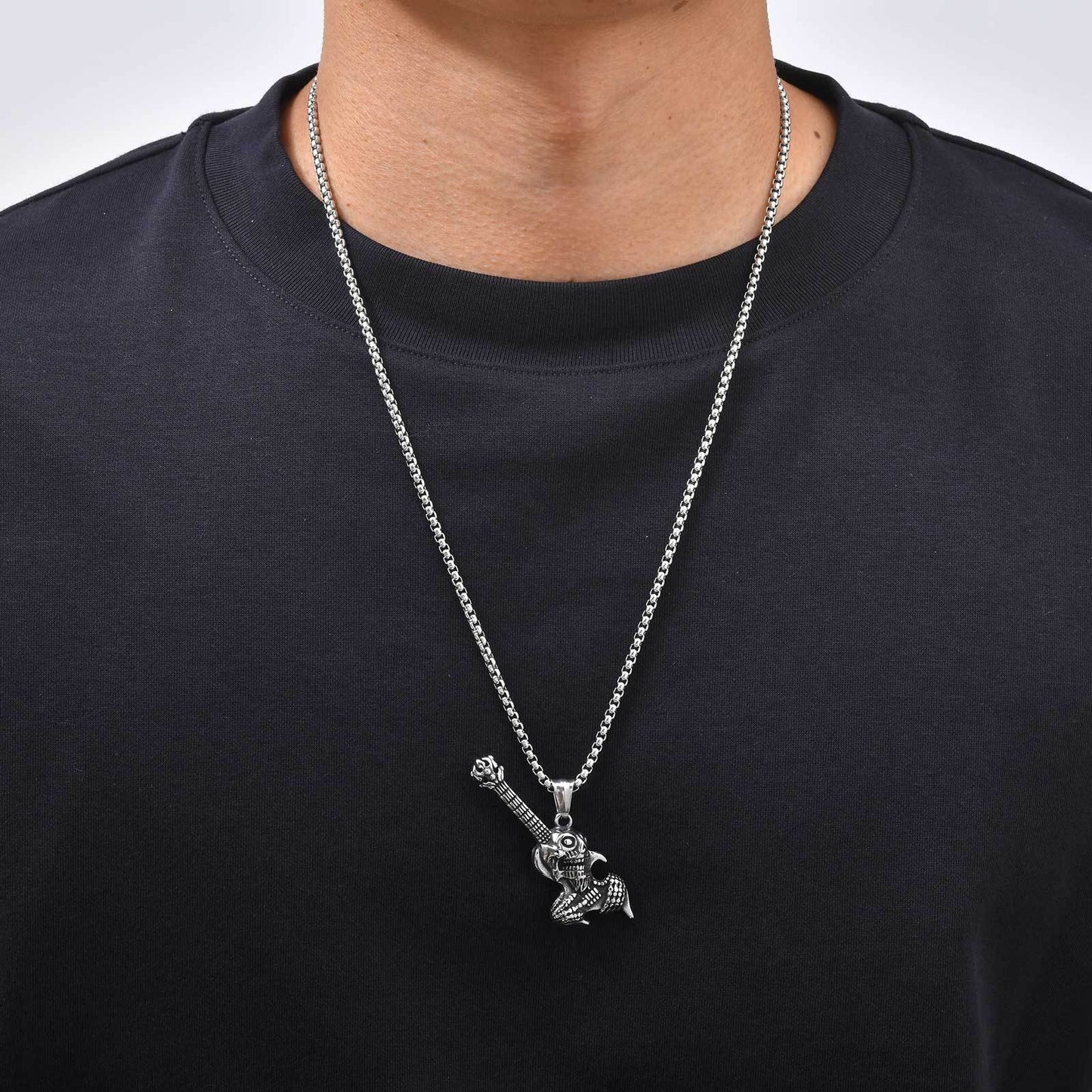 Kemston Skull Guitar Pendant Necklace for Men Stainless Steel Rock Style PN-2461