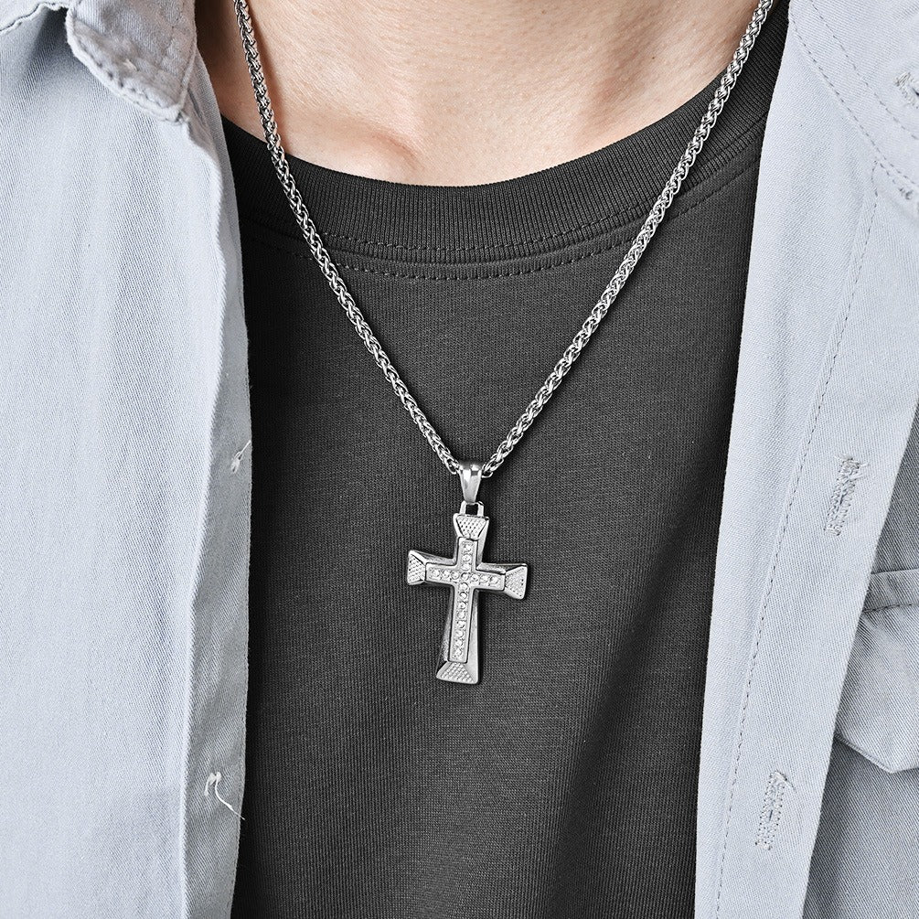 Kemstone Geometric Cross Pendant Necklace for Men Stainless Steel Stone Detail K-PT506