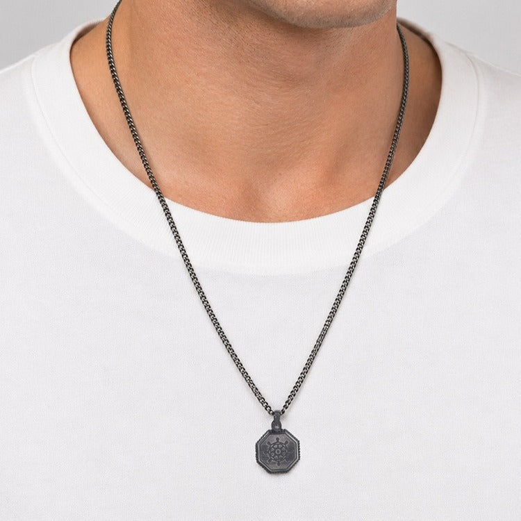 Kemston Octagon Ship Wheel Pendant Necklace for Men Stainless Steel Vintage Silver PN-2398
