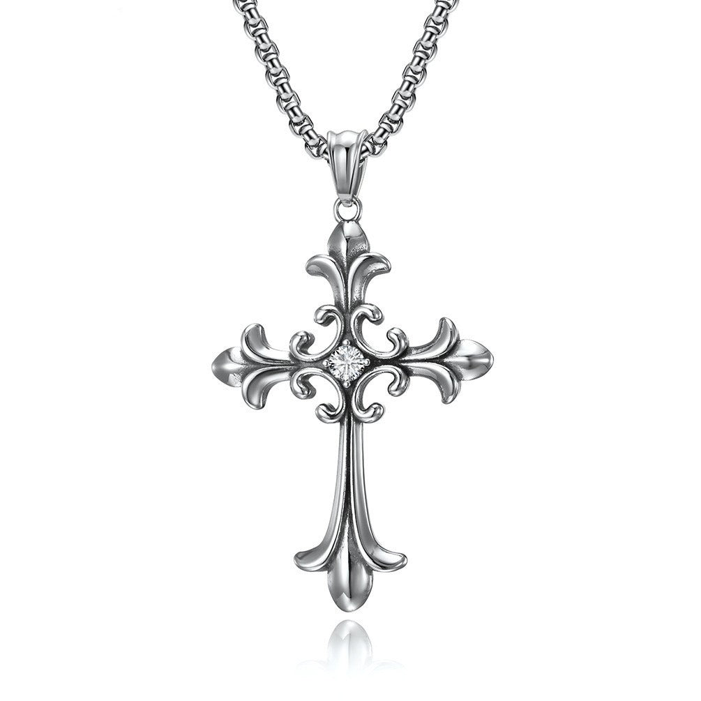 Kemstone Gothic Cross Pendant Necklace for Men Stainless Steel Cubic Zirconia Center K-PT375