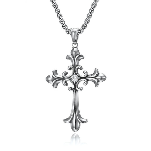 Kemstone Gothic Cross Pendant Necklace for Men Stainless Steel Cubic Zirconia Center K-PT375