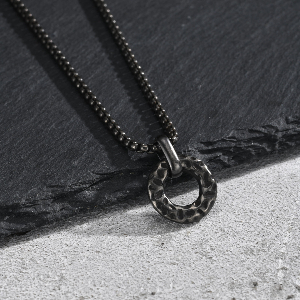 Kemstone Hammered Circle Pendant Necklace for Men Stainless Steel Vintage Gray NC-3011