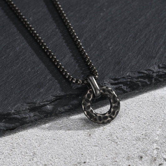 Kemstone Hammered Circle Pendant Necklace for Men Stainless Steel Vintage Gray NC-3011