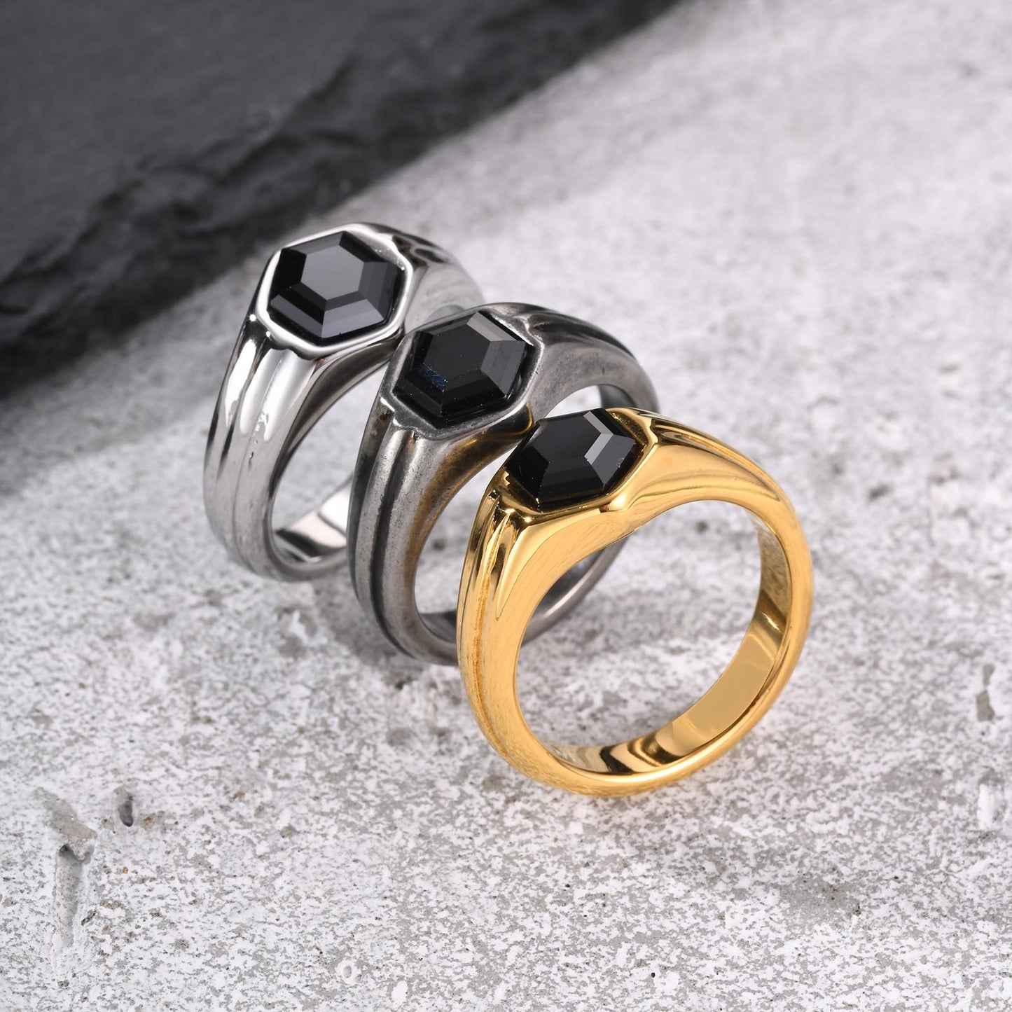 Kemstone Stainless Steel Hexagon Black Zircon Ring for Men RC-985
