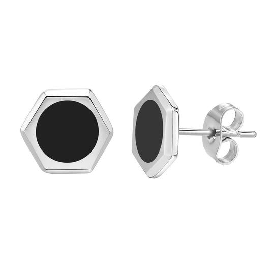 Kemstone Stainless Steel Hexagon Stud Earrings for Men – Black Enamel Inlay ES-423