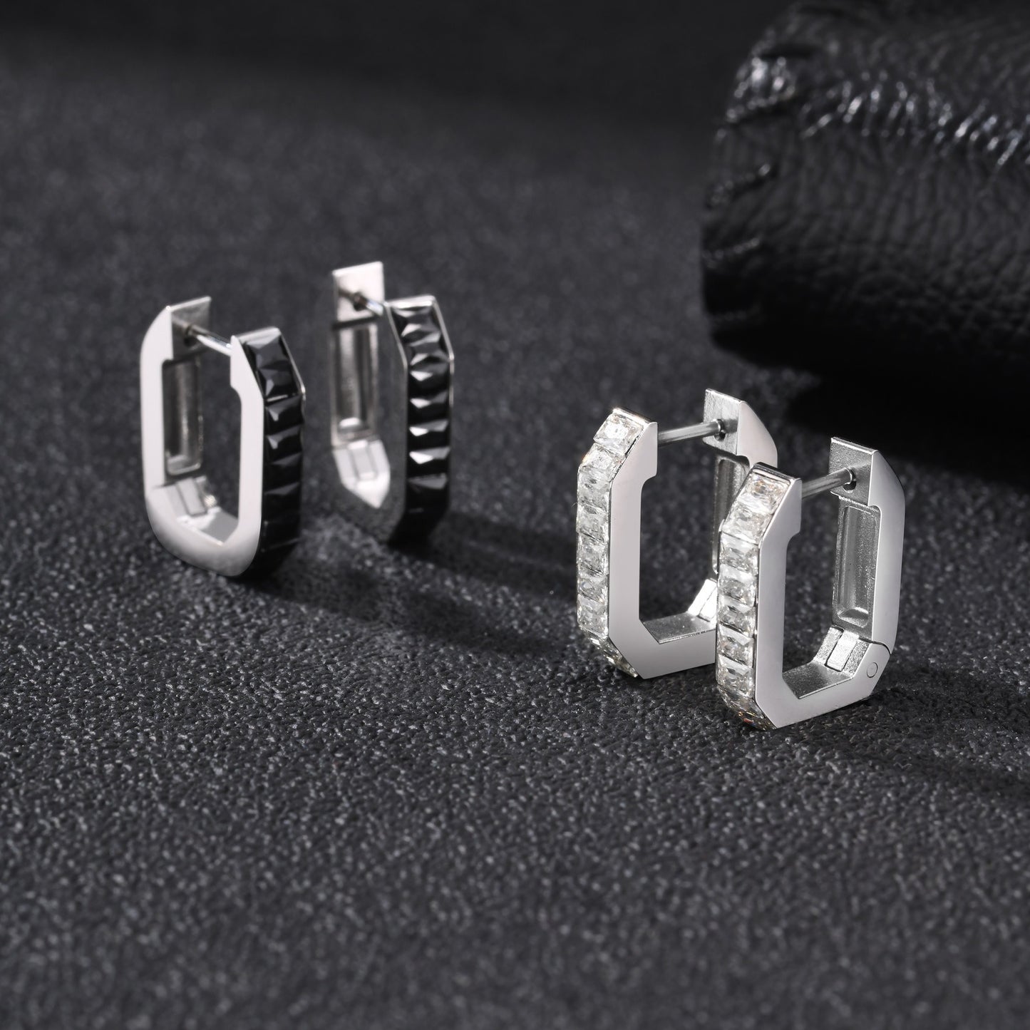Kemstone Octagon Hoop Earrings for Men Stainless Steel Black Silver EH-802