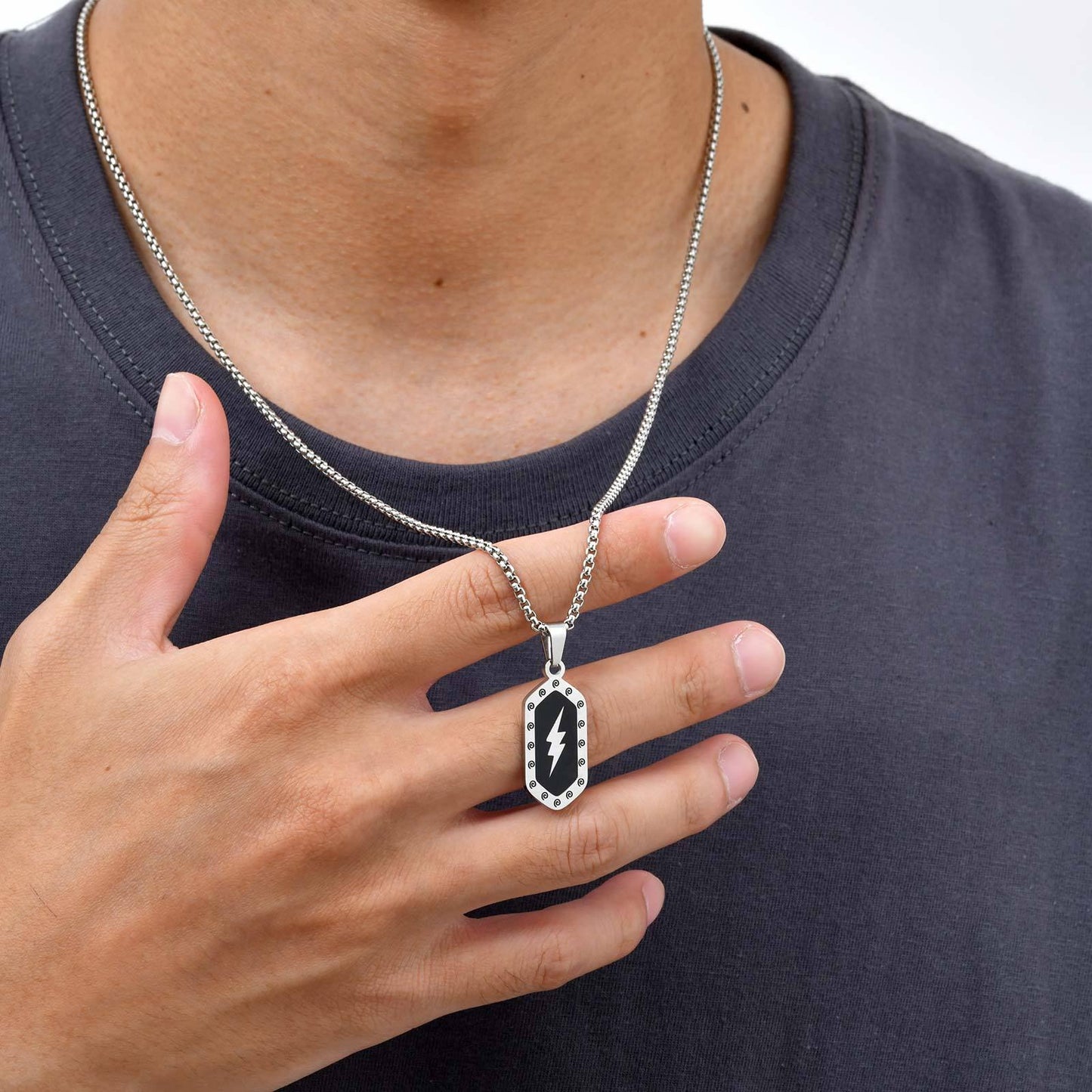 Kemstone Stainless Steel Lightning Bolt Pendant Necklace for Men Black Hexagon Accent PN-2161