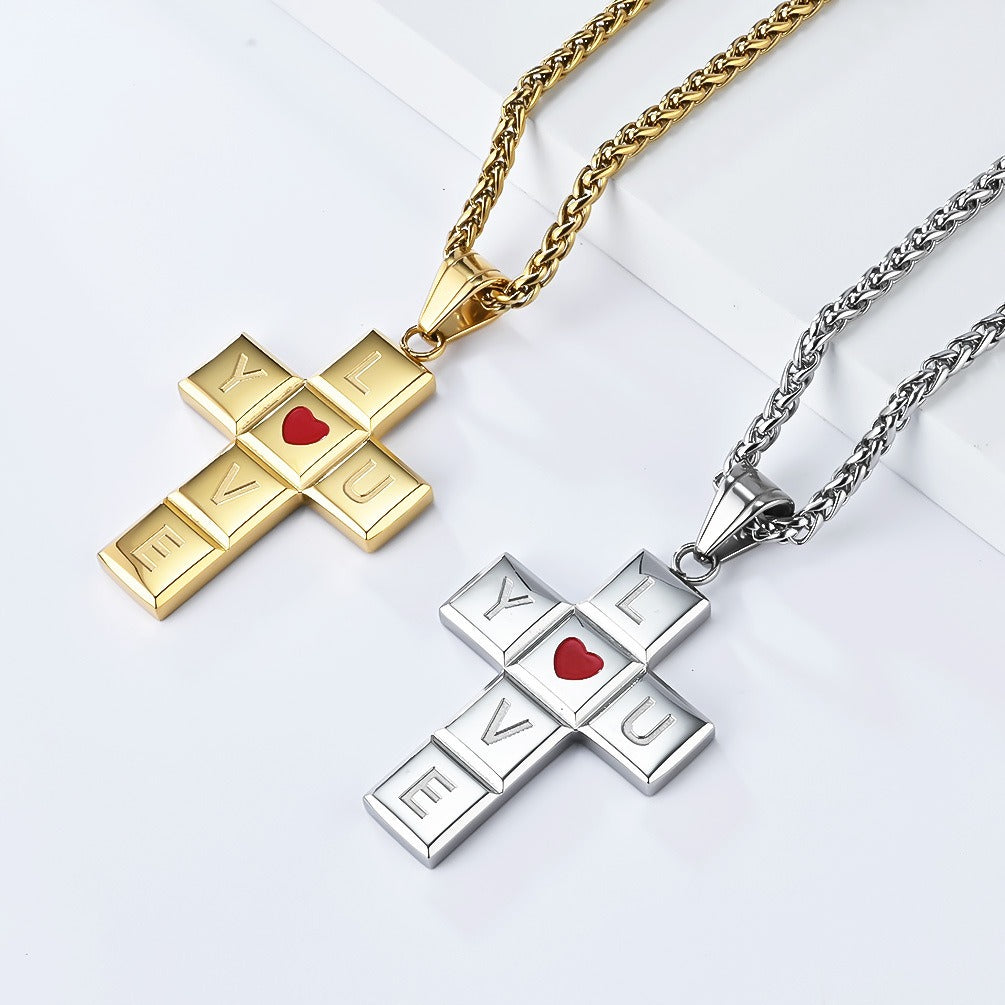 Kemstone Love Heart Cross Pendant Necklace for Men Stainless Steel K-PT554