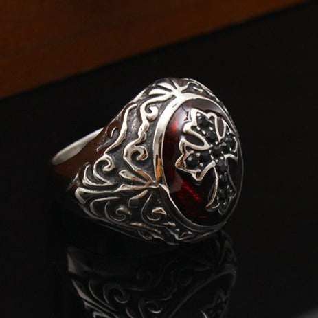 Kemstone Cross Signet Ring for Men Stainless Steel Red Accent Gothic Vintage TR0074