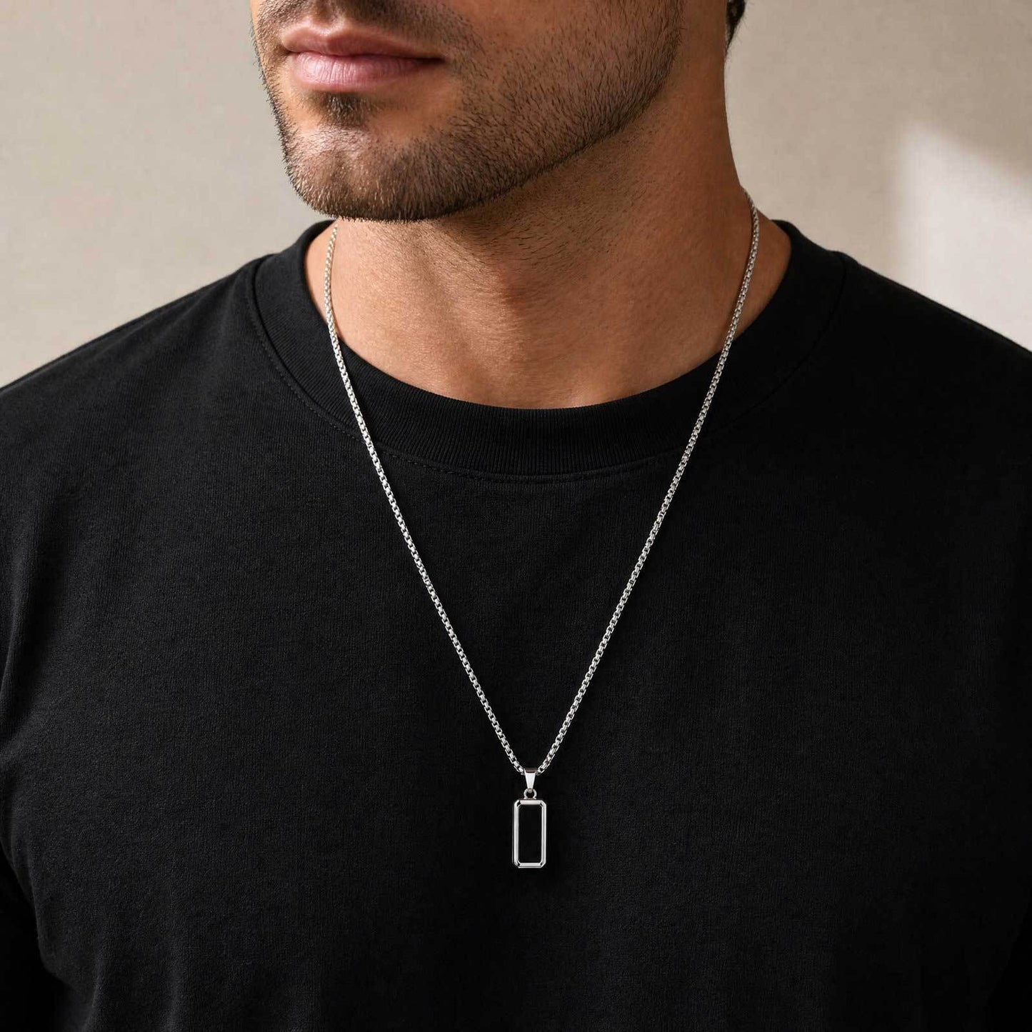 Kemston Carbon Fiber Pendant Necklace for Men Stainless Steel Black Rectangle Design PN-2319