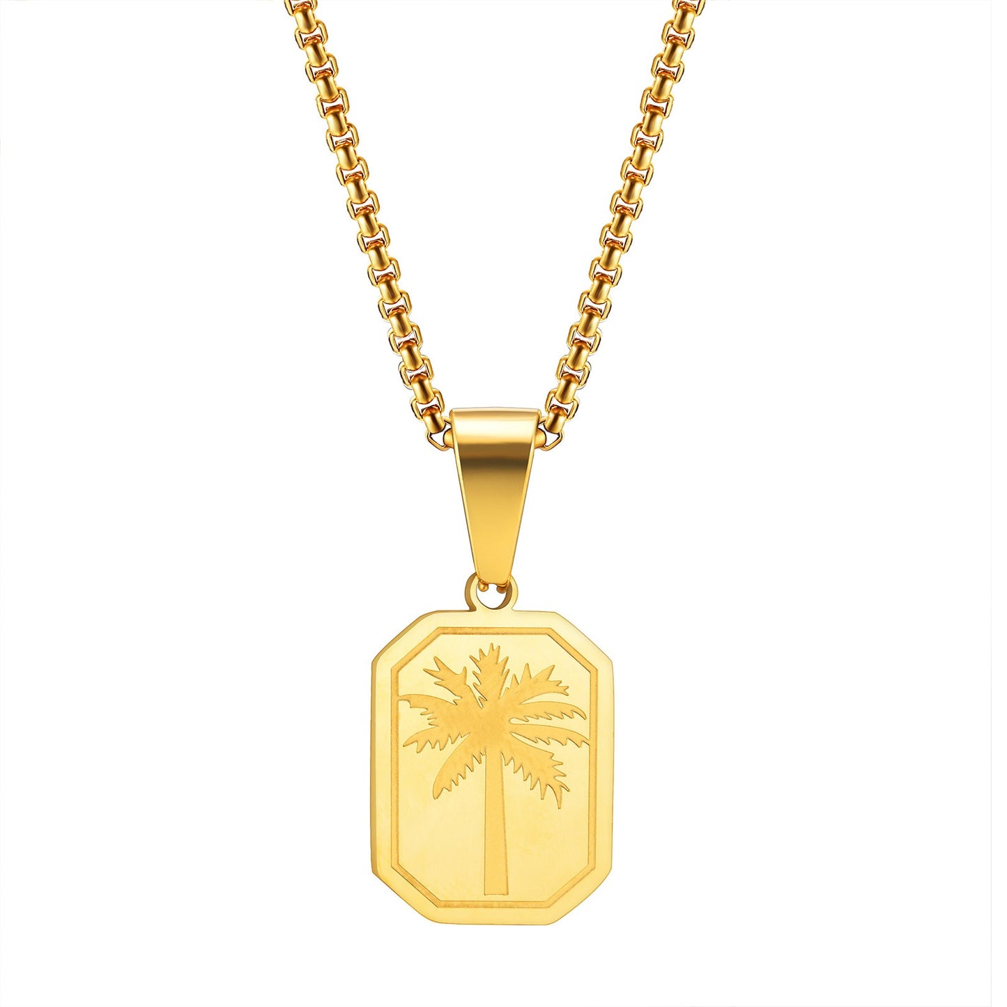 Kemstone Stainless Steel Palm Tree Pendant Necklace – Etched Rectangle Tag, Gold Silver PN-1990