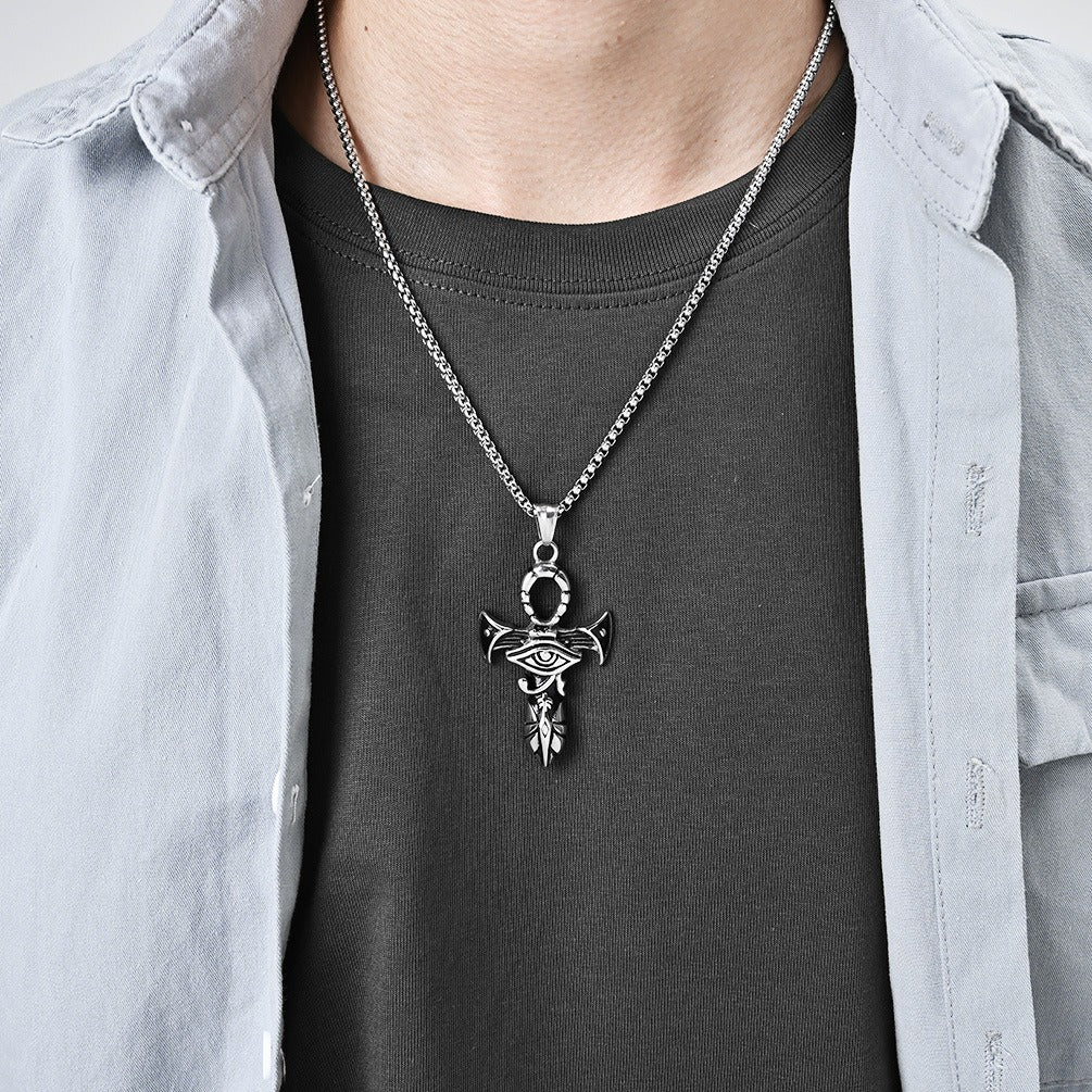 Kemstone Stainless Steel Horus Eye Ankh Cross Pendant Necklace for Men - Vintage Design K-PT507