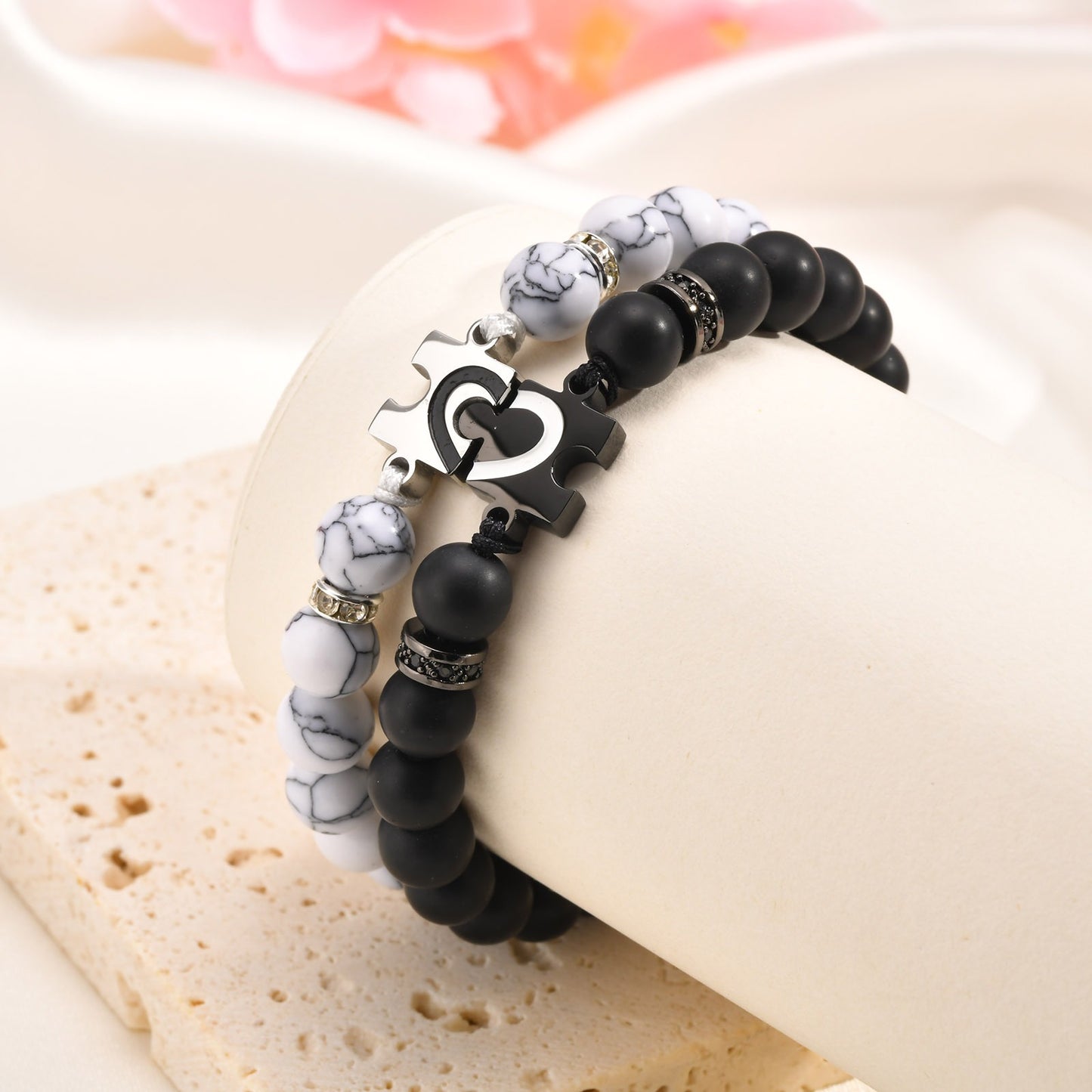 Kemstone Adjustable Half Heart Puzzle Beaded Bracelet Set for Men & Women – Black Onyx & White Howlite CB-175