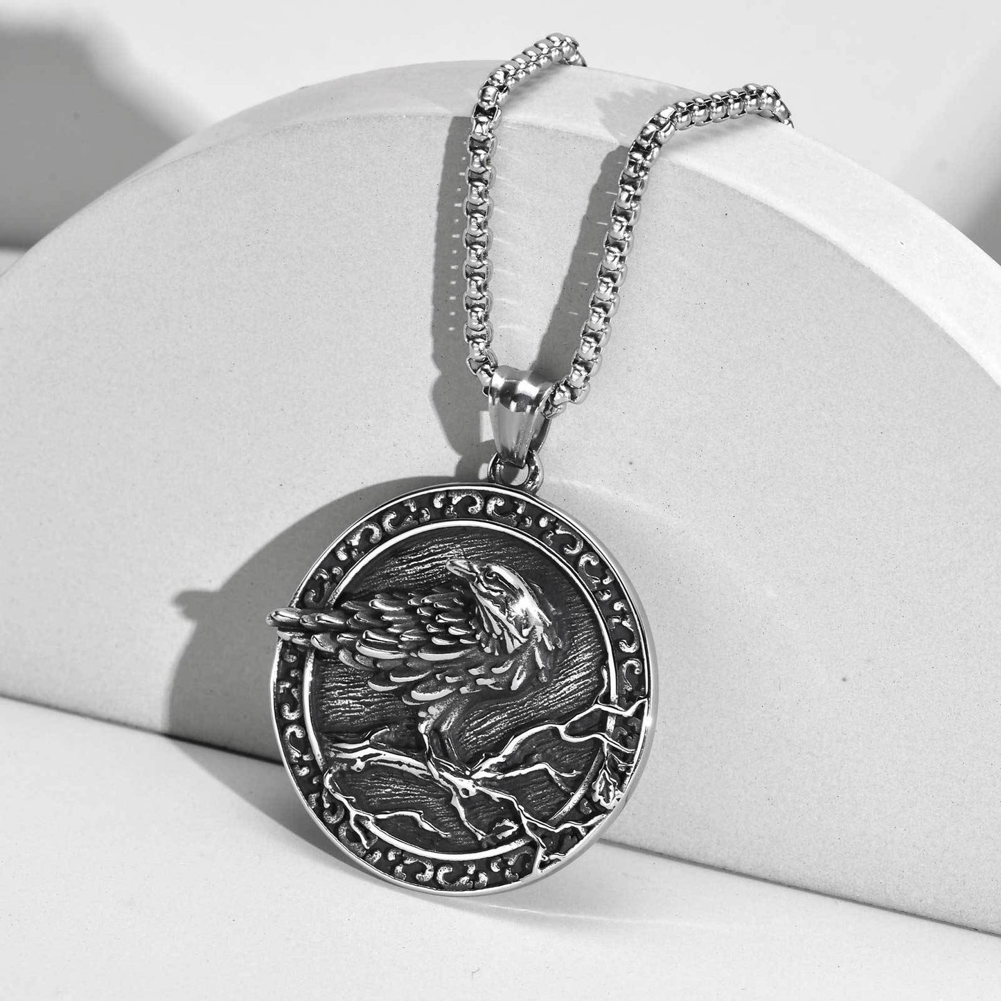 Kemston Raven Medallion Pendant Necklace for Men Stainless Steel Vintage Round PN-1642