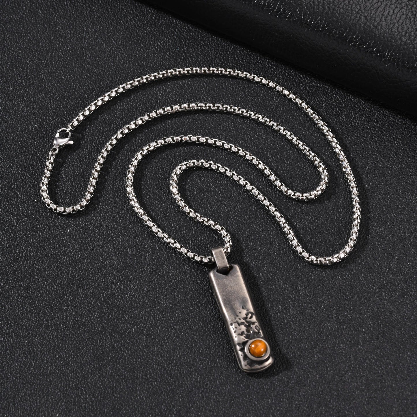 Kemstone Rectangular Tiger Eye Pendant Necklace for Men Stainless Steel Vintage Detail PN2384