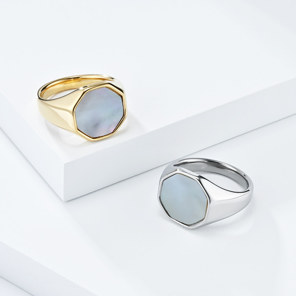 Kemstone Shell Inlay Ring for Men & Women Stainless Steel Hexagon Design K-R793