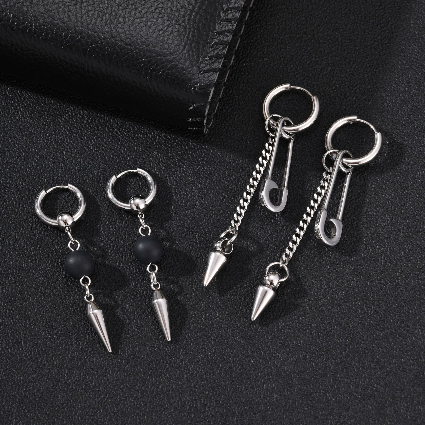 Kemstone Black Agate & Pin Inspired Spike Drop Earring for Men Stainless Steel ED-1075