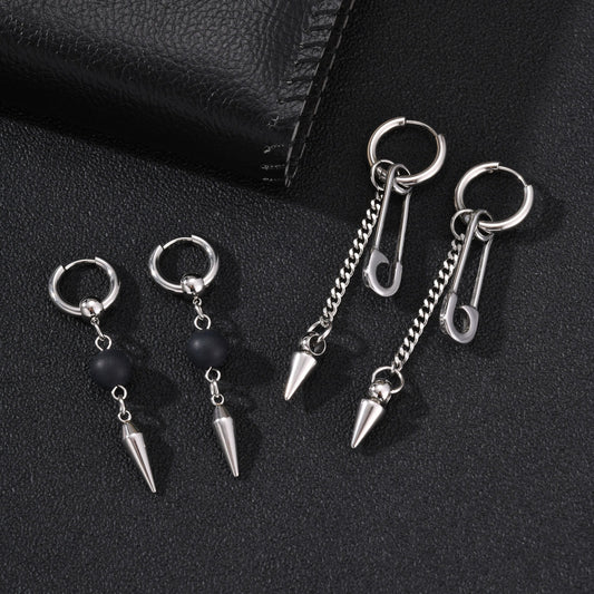Kemstone Stainless Steel Spike Drop Earrings for Men Black Agate Bead Pin Detail Punk Style ED-1075