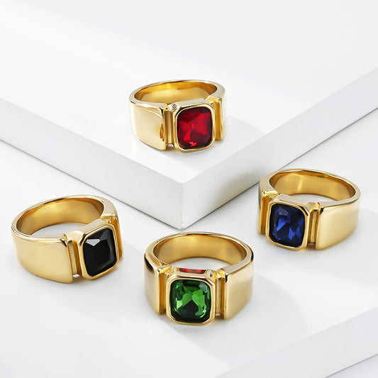 Kemstone Square Colored Stone Signet Ring for Men Stainless Steel Gold Tone K-R1230