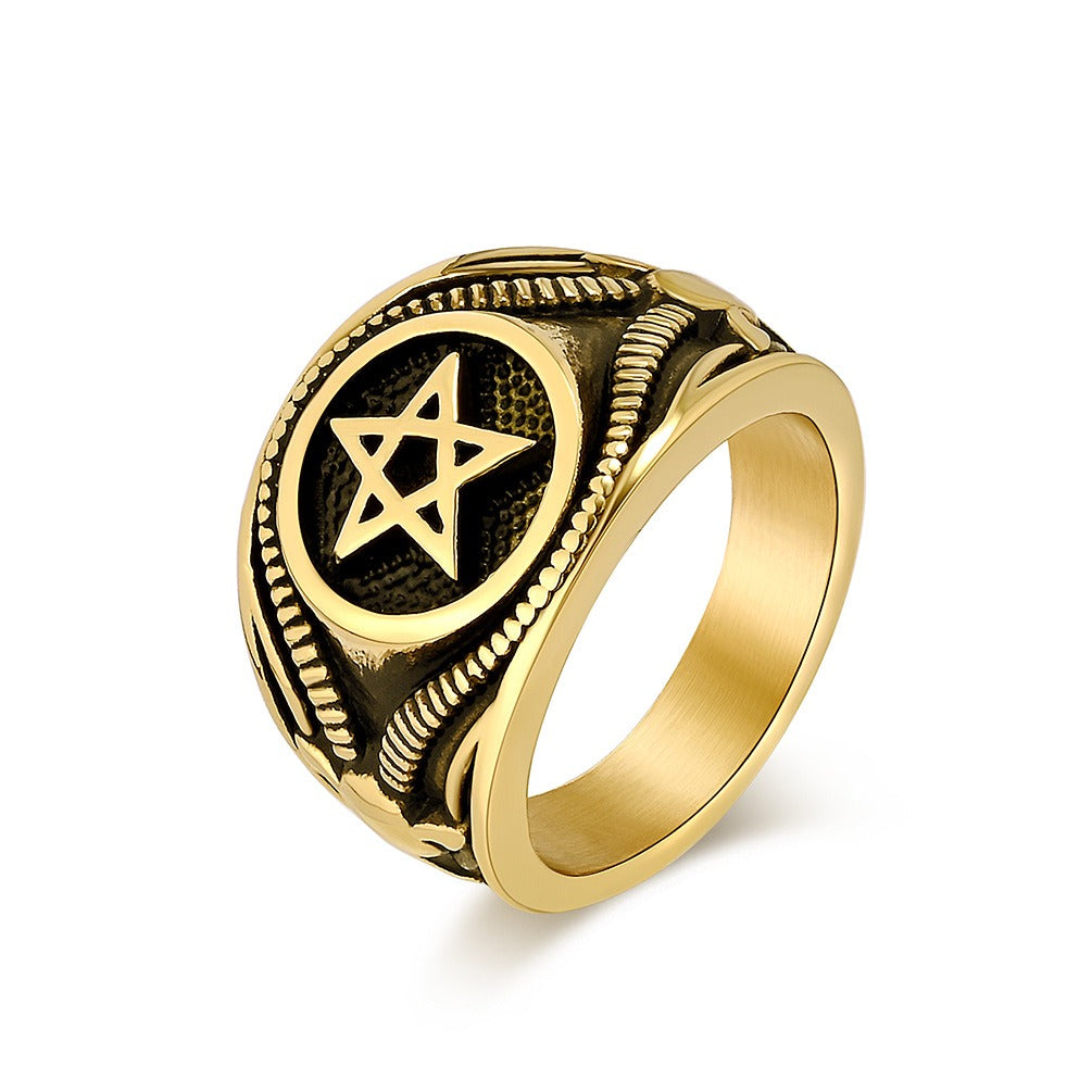 Kemstone Five Point Star Signet Ring for Men Stainless Steel Bold Dark Style K-R844