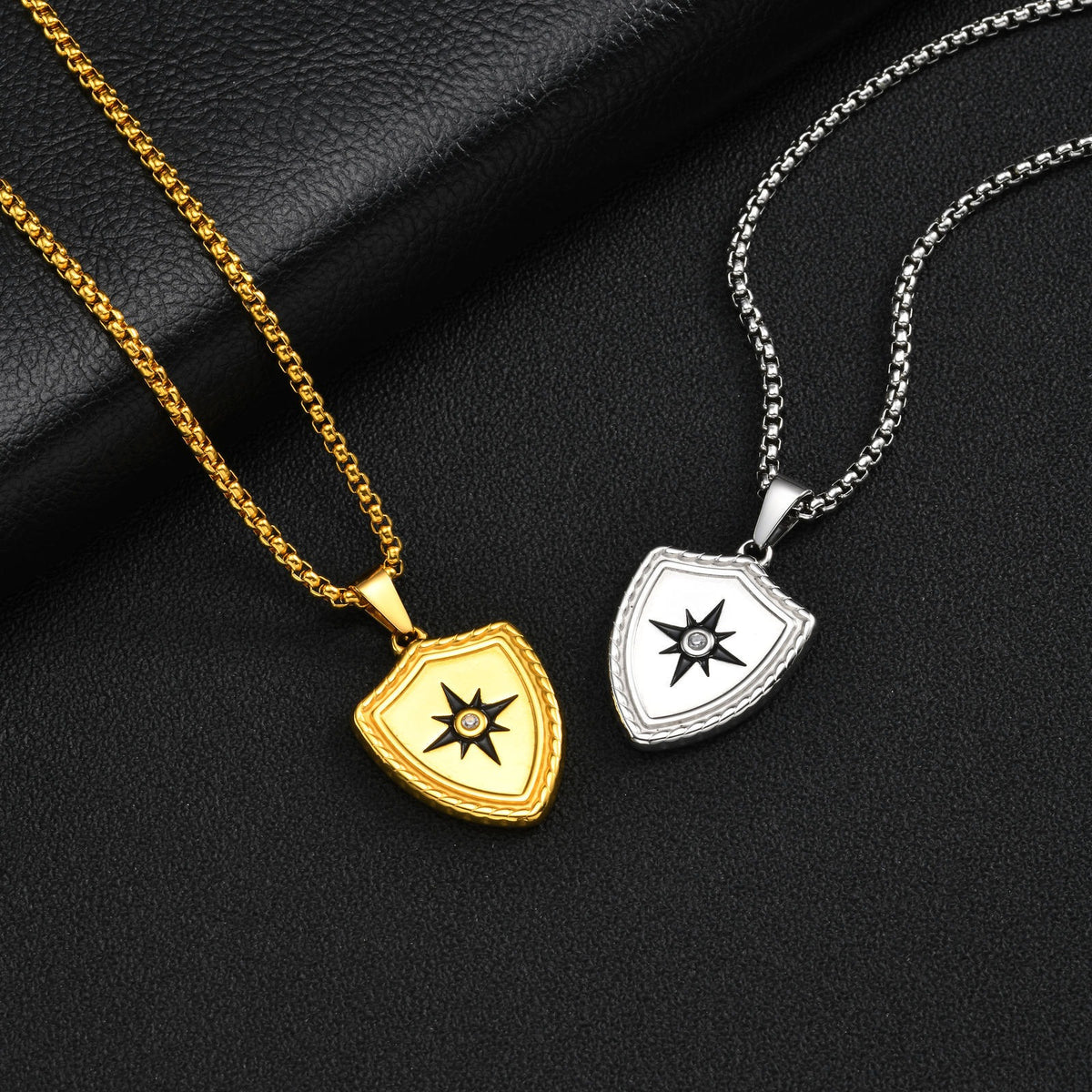 Kemston Eight Point Star Shield Pendant Necklace for Men Stainless Steel PN-2443