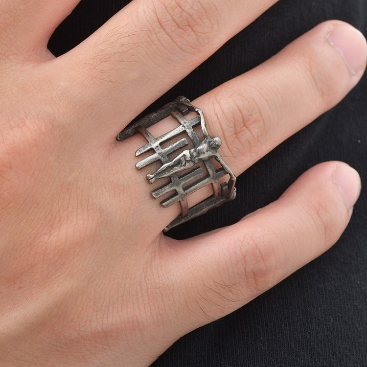 Kemstone Openwork Cross Ring for Men Stainless Steel Layered Metal RC-1116