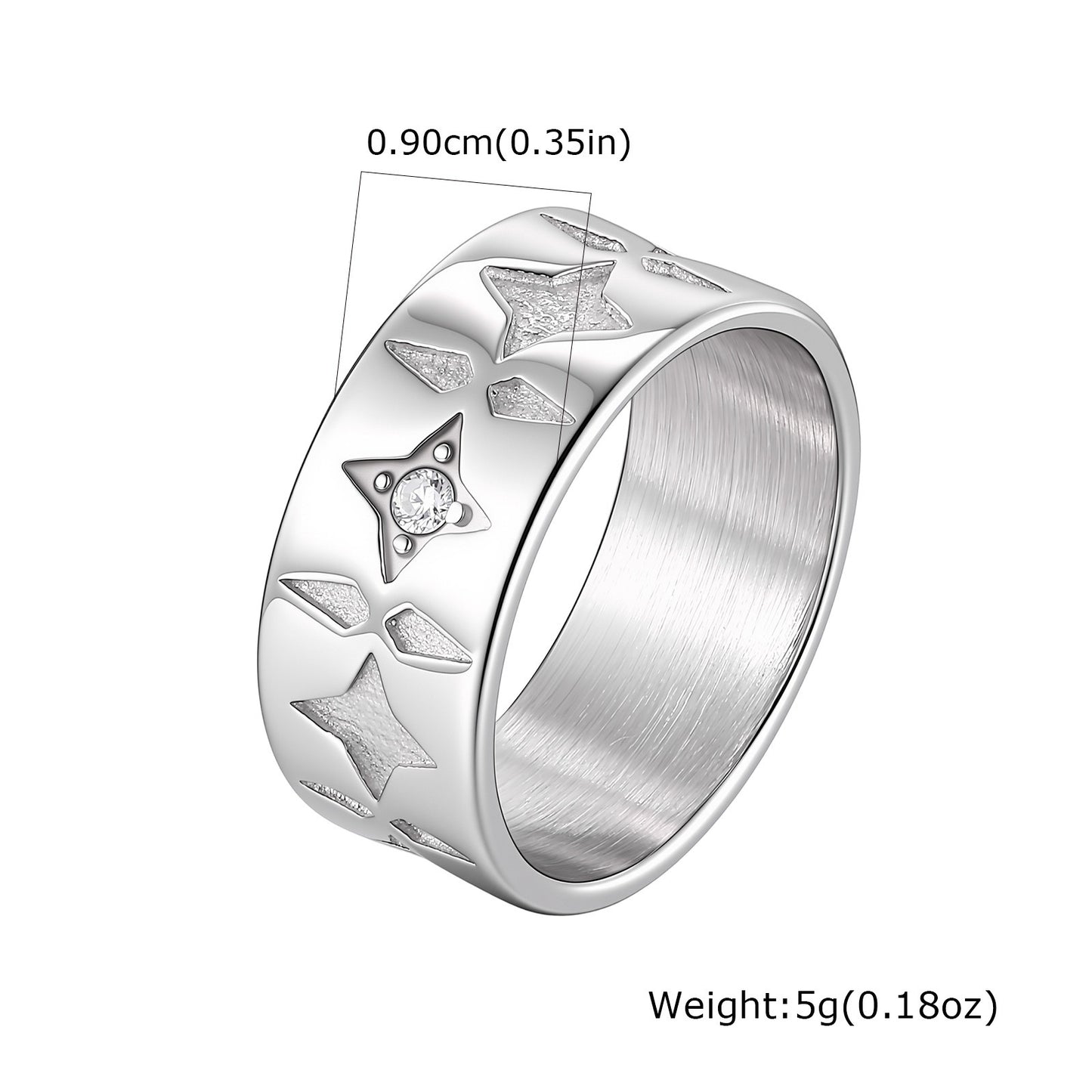 Kemstone Four Point Star Ring for Men Stainless Steel White Cubic Zirconia Wide Band RC-1117