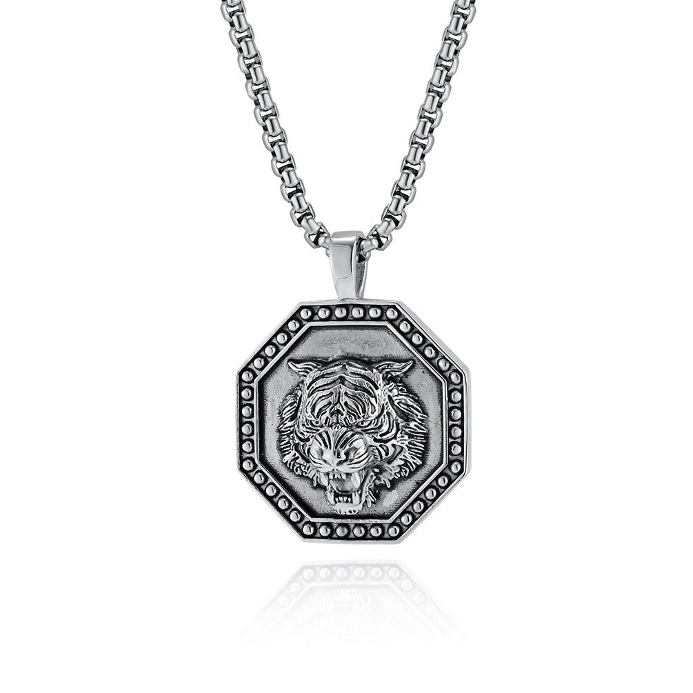 Kemstone Stainless Steel Tiger Head Pendant Necklace for Men – Octagonal Vintage Design K-PT572