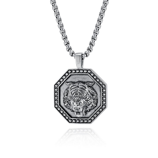 Kemstone Stainless Steel Tiger Head Pendant Necklace for Men – Octagonal Vintage Design K-PT572