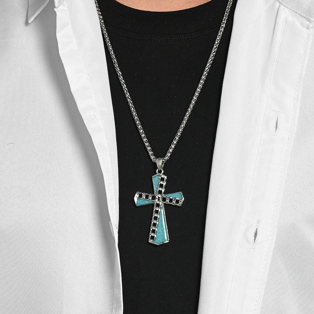 Kemstone Turquoise Inlay Stainless Steel Chain Cross Pendant Necklace for Men K-PT700