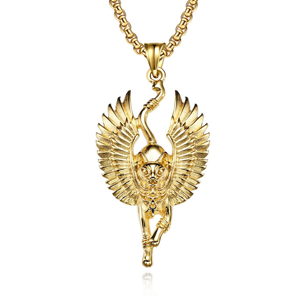 Kemstone Egyptian Cat Pendant Necklace for Men Stainless Steel Animal Sculpted Detail K-PT461