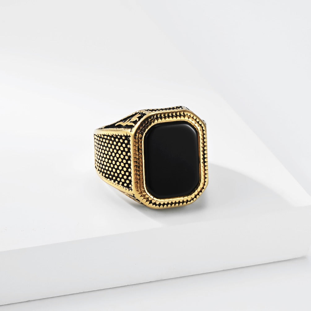 Kemstone Black Stone Signet Ring for Men Stainless Steel Textured Wide Band Vintage K-R1210