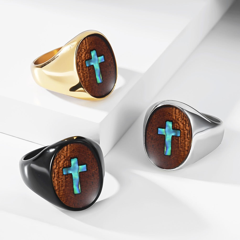 Kemstone Wood Inlay Cross Signet Ring for Men Stainless Steel Vintage K-R12390
