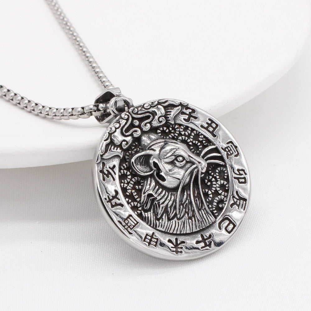 Kemston Zodiac Animal Medallion Necklace for Men Stainless Steel Vintage P0959
