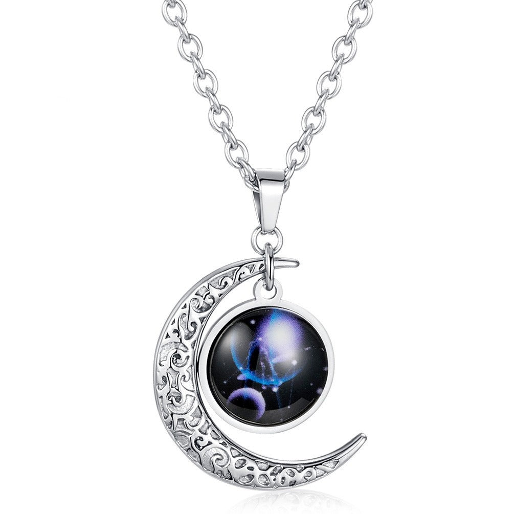 Kemstone Zodiac Sign Necklace for Men & Women Stainless Steel Crescent Moon Pendant Constellation Jewelry K-PT181
