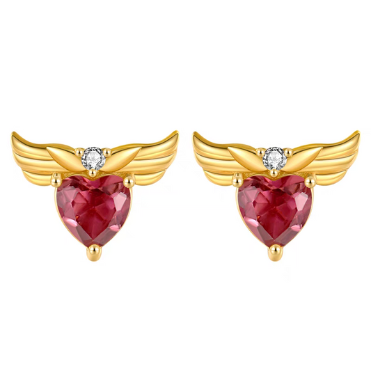 Pendientes de botón con forma de corazón de turmalina rosa y alas estelares, hechos a mano por Kemstone, con diseño original - Mini pendientes de corazón alado en plata 925