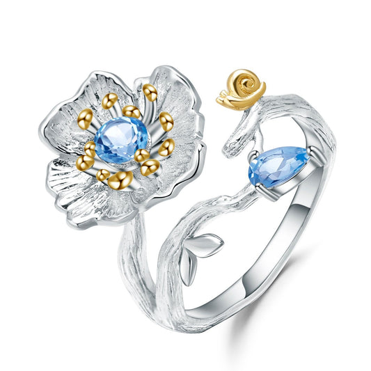 Anillo de flor de citrino natural, diseño original, hecho a mano por Kemstone, plata de ley 925. Anillo abierto de diseñador con diseño floral de topacio azul suizo.