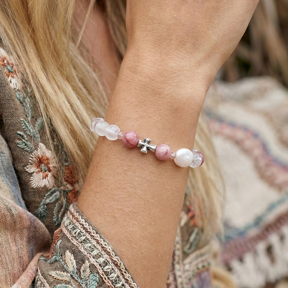 Kemston Pink Natural Stone Bracelet for Women Strawberry Quartz Cross Charm GMB96