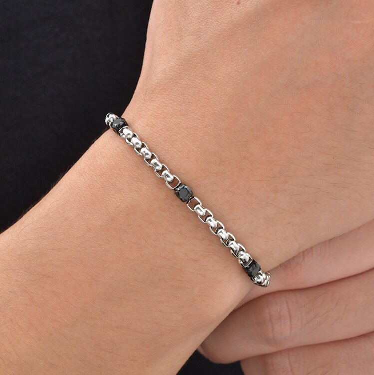 Kemston Stainless Steel Black Cubic Zirconia Beaded Chain Bracelet for Men Street Style BR-3103