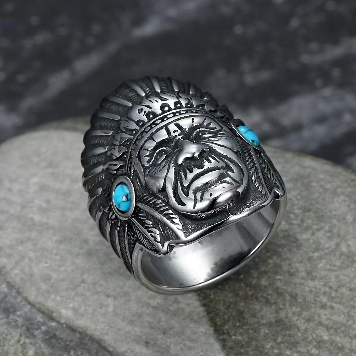 Kemstone Stainless Steel Hip Hop Vintage Portrait Turquoise Ring for Men – Silver TR0506