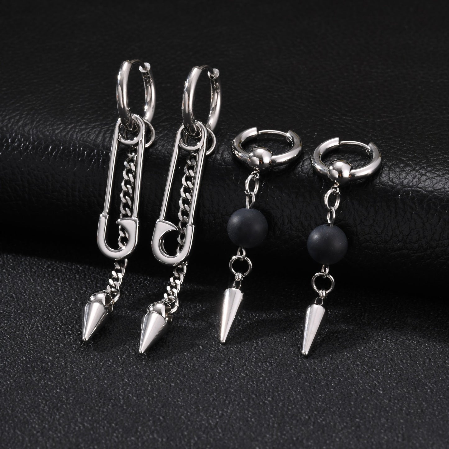 Kemstone Black Agate & Pin Inspired Spike Drop Earring for Men Stainless Steel ED-1075