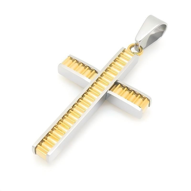 Kemstone Layered Cross Pendant Necklace for Men Stainless Steel Ribbed Design KP119486-HR