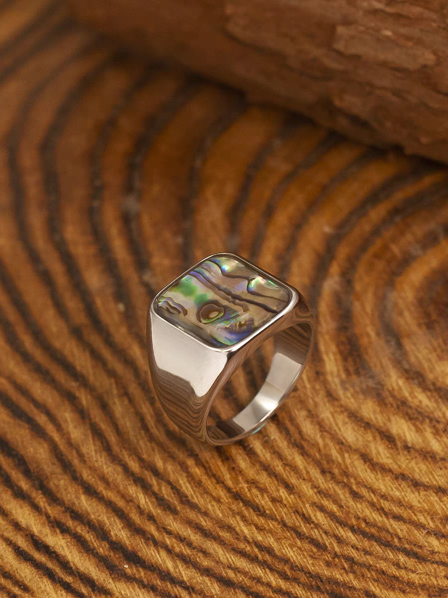 Kemstone Vintage Titanium Steel Ring for Men with Abalone Shell Inlay - Square Design NW-JZ111