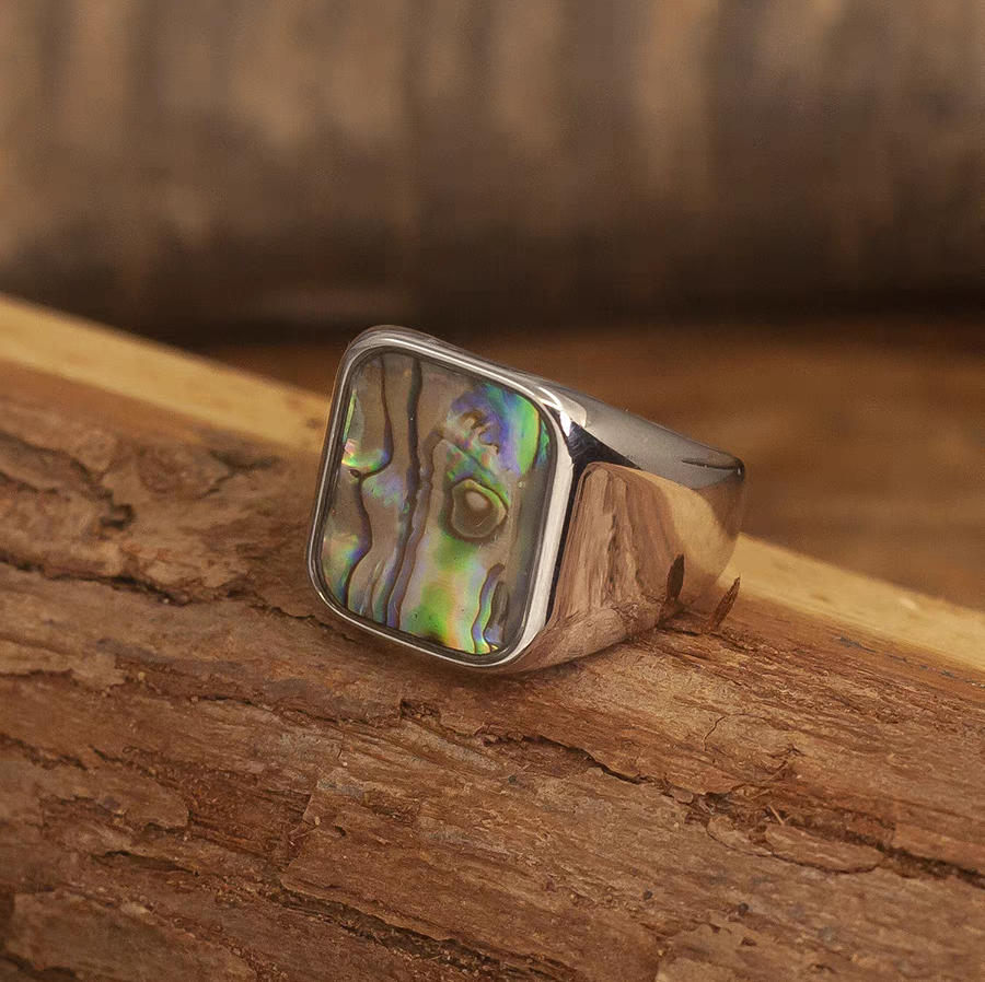 Kemstone Vintage Titanium Steel Ring for Men with Abalone Shell Inlay - Square Design NW-JZ111