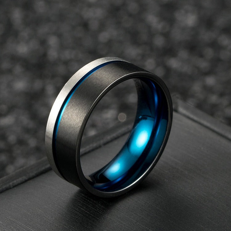 Kemstone Titanium Steel Black Ring with Blue Inner Band for Men K-R237