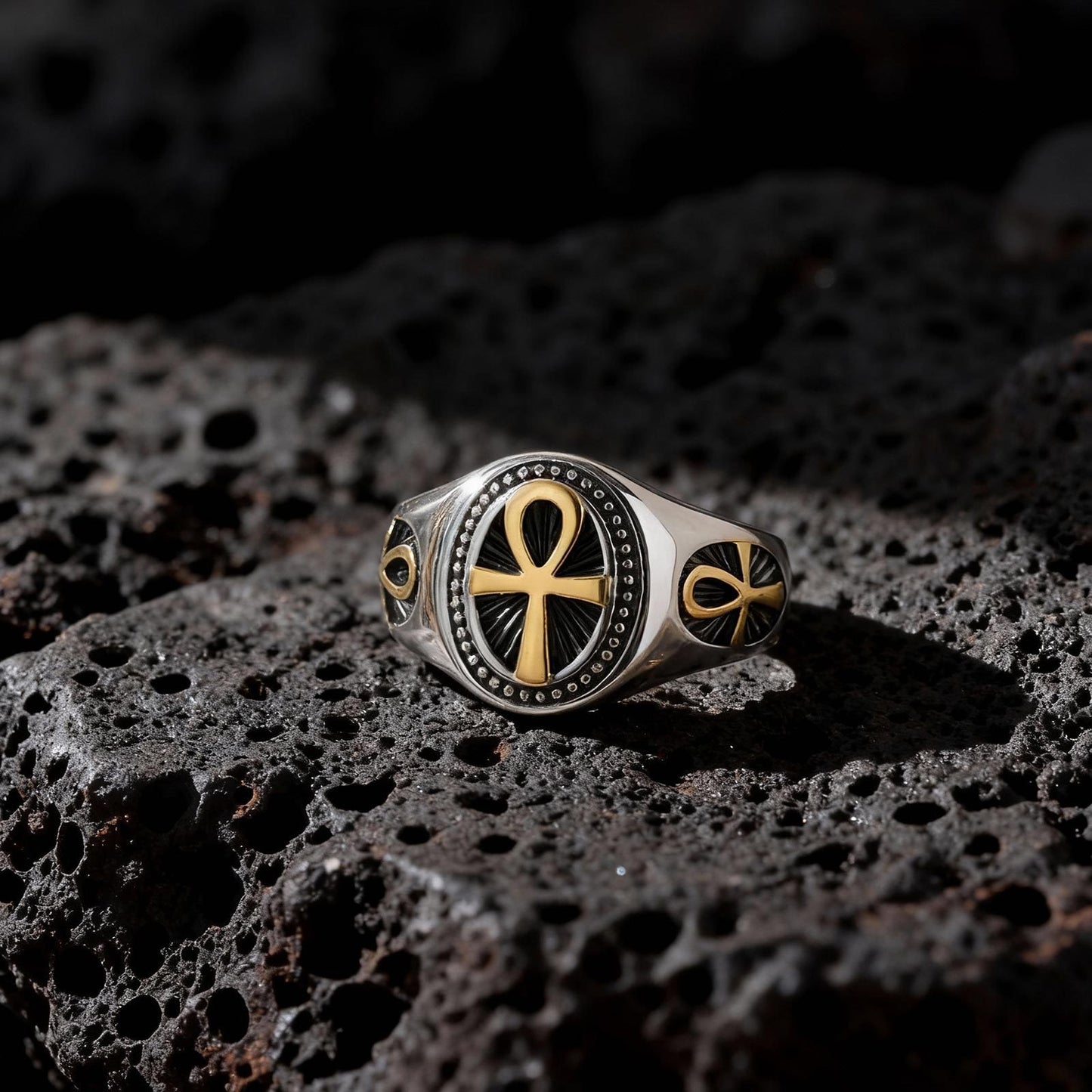 Kemstone Stainless Steel Vintage Ankh Cross Ring for Men – Retro Egyptian Design RC-1087