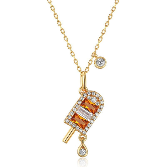 Collar de helado naranja de verano, diseño original artesanal de Kemstone para mujer - Colgante de helado de plata de ley S925 con nanocircón amarillo
