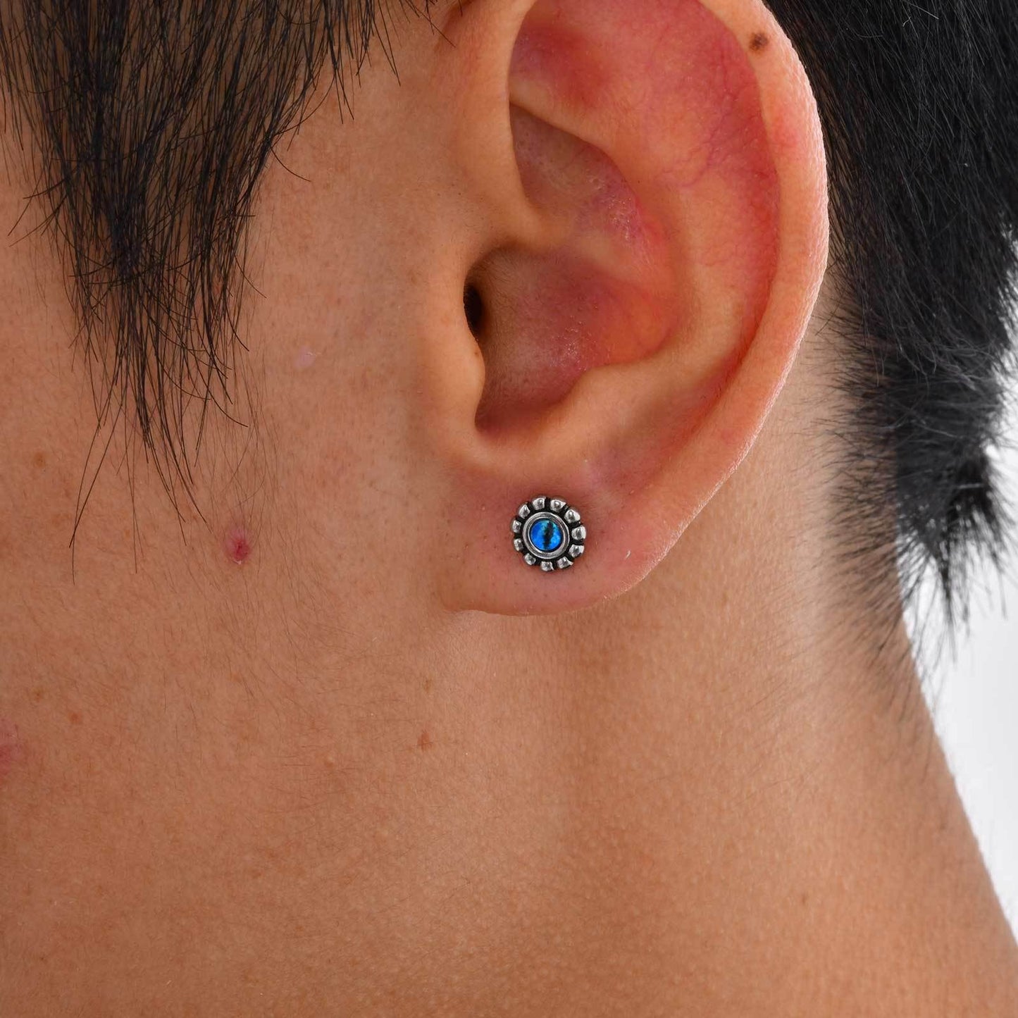 Kemstone Stainless Steel Symbolic Resin Demon's Eye Stud Earrings for Men – Silver ES-749