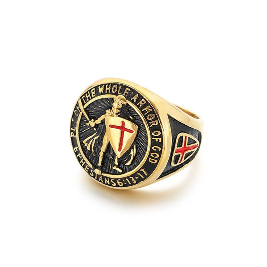Kemstone Templar Shield Cross Ring – Stainless Steel Red Enamel Armor Signet Gothic Street Faith KR112563